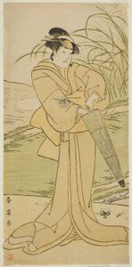 De acteur Yamashita Kinsaku II als Okaya in het toneelstuk Yomogi Fuku Noki no Tamamizu, opgevoerd in het Kiri Theater in de vijfde maand, 1795