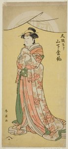De acteur Yamashita Kinsaku II als het dienstmeisje Tsumagi in het toneelstuk "Otokyama O-Edo no Ishizue," opgevoerd in het Kiri Theater in de elfde maand, 1794 door Katsukawa Shun