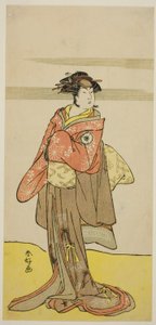 De acteur Iwai Hanshiro IV als Hitomaru vermomd als de geisha Oshun in het toneelstuk Edo no Hana Mimasu Soga, opgevoerd in het Nakamura Theater in de derde maand, 1783 door Katsukawa Shunkо̄
