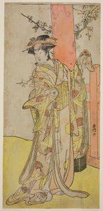 De acteur Iwai Hanshiro IV als Kitsune ga Saki Otama () in het toneelstuk Miyakodori Yayoi no Watashi (), opgevoerd in het Kiri Theater () in de derde maand, 1787 ()