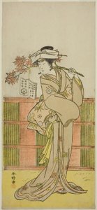 De acteur Iwai Hanshiro IV als Umegae vermomd als de vrouwelijke waarzegster Omatsu in het toneelstuk Mukashi Otoko Yuki no Hinagata, opgevoerd in het Ichimura Theater in de elfde maand, 1781 door Katsukawa Shunkо̄