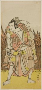 De acteur Nakamura Nakazo I als Hachiman Taro Yoshiie () in het toneelstuk Oshu Adachi ga Hara (), opgevoerd in het Nakamura Theater () in de vierde maand, 1775 () door Katsukawa Shunkо̄