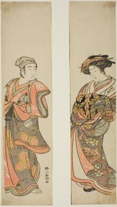 De acteur Nakamura Tomijuro I als courtisane (rechts) en Sawamura Sojuro III als Oyamada Taro () vermomd als Tarosaku van Oyamada Village (links) in het toneelstuk "Azuma no Mori Sakae Kusunoki," opgevoerd in het Ichimura Theater in de elfde maand, 1779.