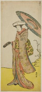 De acteur Nakayama Kojuro VI als Chinzei Hachiro Tametomo vermomd als Lady Hotoke (Hotoke Gozen) in het toneelstuk Yukimotsu Take Furisode Genji, opgevoerd in het Nakamura Theater in de Elfde Maand, 1785