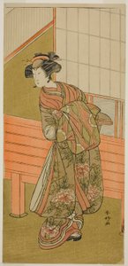 De acteur Segawa Kikunojo III als de courtisane Takamura van Onoteruya () in het toneelstuk Sugata no Hana Yuki no Kuromushi (), opgevoerd in het Ichimura Theater () in de Elfde Maand, 1776 ()