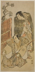 De acteurs Nakamura Nakazo I als Kagekiyo gekleed als een bedelaar (rechts), en Otani Hiroji III als Onio Shinzaemon (links), in het toneelstuk Kotobuki Banzei Soga, Opgevoerd in het Ichimura Theater in de derde maand, 1783