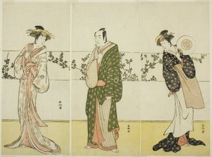 De acteurs Osagawa Tsuneyo II (rechts), Ichikawa Monnosuke II (midden), en Segawa Kikunojo III (links), mogelijk als Misao Gozen, Matsuya Soshichi, en de courtisane Kojoro van Hakata, in het toneelstuk Chiyo no Hajime Ondo no Seto (Het begin van de eeuwigh door Katsukawa Shunkо̄