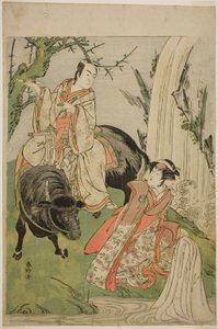 De acteurs Segawa Kikunojo III als prinses Hatsune (Hatsune Hime) (rechts), en Ichikawa Monnosuke II als Miyukinosuke Yukinari, in het toneelstuk Otokoyama Furisode Genji, Opgevoerd in het Kiri Theater in de Elfde Maand, 1785 door Katsukawa Shunkо̄