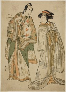De acteurs Segawa Kikunojo III als de courtisane Sumizome (rechts), en Ichikawa Monnosuke II als Goinosuke Yoshimine (links), in het toneelstuk Juni-hitoe Komachi-zakura, Opgevoerd in het Kiri Theater in de Elfde Maand, 1784 door Katsukawa Shunkо̄