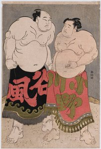 Volledige portretten van de worstelaars Onogawa Kisaburo, rechts en Tanizake Kajinosuke links