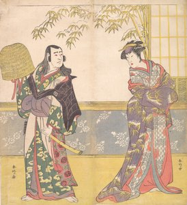 Kabuki-acteurs Sawamura Sojuro III en Sanogawa Ichimatsu III in Een Spiegel van een Courtisane, 1788 door Katsukawa Shunko