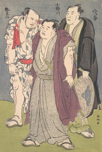 Drie sumoworstelaars: Onogawa, Seimiyama en Yatsugamine