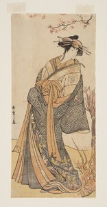 Acteur Segawa Tomisaburo II als een lange courtisane staand in een kamer door Katsukawa Shunsho