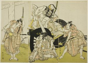 Acteurs Nakajima Mihoemon II als Fujiwara no Shihei, Ichikawa Ebizô III als Matsuo-maru, Ichikawa Yaozô II als Sakura-maru, en Ichimura Uzaemon IX als Umeo-maru in "Sugawara