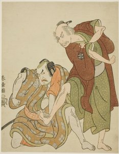 Acteurs in de rollen van Giheiji en zijn schoonzoon, Danshichi Kurobei door Katsukawa Shunsho