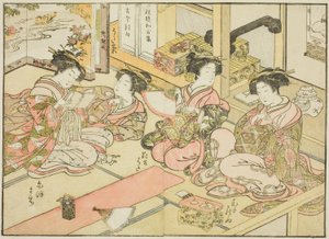 Courtisanes van de Ogiya, uit het boek "Spiegel van mooie vrouwen van de plezierwijken (Seiro bijin awase sugata kagami)," deel 1 door Katsukawa Shunsho