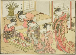 Courtisanes van de Wakanaya, uit het boek "Spiegel van Mooie Vrouwen van de Plezierkwartieren (Seiro bijin awase sugata kagami)," deel 1 door Katsukawa Shunsho