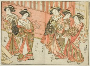 Vijf Courtisanes van Verschillende Huizen, uit het boek "Spiegel van Mooie Vrouwen van de Plezierkwartieren (Seiro bijin awase sugata kagami)," deel 3 door Katsukawa Shunsho