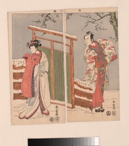 Minamoto no Yoritomo en Yuki Onna in de sneeuw door Katsukawa Shunsho