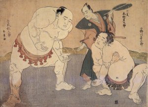 Onagawa Kisaburo en Tanikaze Kajinosuke voeren de Shiriki uit in de Dohyo, gescheidsrechterd door Kimura Shonosuke door Katsukawa Shunsho