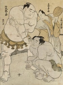 Voorbereidingen voor de Wedstrijd tussen Onagawa Kisaburo en Tanikaze Kajinosuke, gescheidsrechterd door Kimura Shonosuke door Katsukawa Shunsho