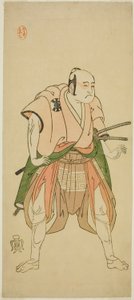 De acteur Bando Sampachi I als Yawata no Saburo (?) in het stuk Shuen Soga Omugaeshi (?), opgevoerd in het Ichimura Theater (?) in de tweede maand, 1768 (?)