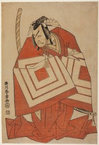 De acteur Ichikawa Danjuro IV in een "Shibaraku" rol, mogelijk uit het toneelstuk Ima o Sakari Suehiro Genji (The Genji Clan Now at Its Zenith), opgevoerd in het Nakamura Theater vanaf de eerste dag van de elfde maand, 1768. door Katsukawa Shunsho