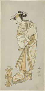 De acteur Ichikawa Danjuro V als de geest van monnik Seigen in de Shosagoto danssequentie "Sono Utsushi-e Matsu ni Kaede" (Een schaduwbeeld van den en esdoorn), de laatste scène van deel twee van het stuk Keisei Momiji no Uchikake (Courtisane in een over-k door Katsukawa Shunsho