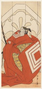 De acteur Ichikawa Danjuro V in een "Shibaraku" rol, waarschijnlijk als Kato Hyoeisa Shigemitsu, in de derde scène van het toneelstuk Masakado Kammuri no Hatsuyuki (De eerste sneeuw op het hoofddeksel van Taira no Masakado), opgevoerd in het Nakamura Theat door Katsukawa Shunsho