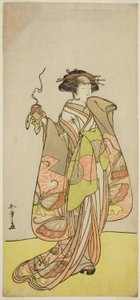 De acteur Ichikawa Monnosuke II als de courtisane Kewaizaka no Shosho in het stuk Sono Kyodai Fuji no Sugatami, opgevoerd in het Morita Theater in de eerste maand, 1776 door Katsukawa Shunsho