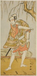 De acteur Ichikawa Yaozo II als Hiranoya Tokubei (?) in het stuk Wada Sakamori Eiga Kagami (?), opgevoerd in het Nakamura Theater (?) in de derde maand, 1773 (?) door Katsukawa Shunsho