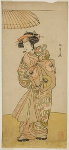 De acteur Ikushima Daikichi III als de courtisane Naniwazu in het stuk Saki Masuya Ume no Kachidoki, uitgevoerd in het Ichimura Theater in de elfde maand, 1777