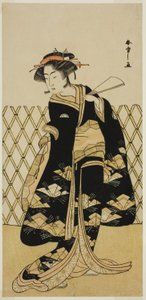 De acteur Iwai Hanshiro IV als Mitsuogiya Usukumo in het stuk Shida Choja-bashira, uitgevoerd in het Nakamura Theater in de achtste maand, 1781 door Katsukawa Shunsho