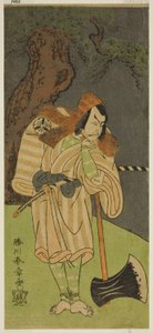 De Acteur Matsumoto Koshiro II als Osada no Taro Kagemune Vermomd als de Houthakker Gankutsu no Gorozo in het Stuk Nue no Mori Ichiyo no Mato, Opgevoerd in het Nakamura Theater in de Elfde Maand, 1770