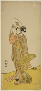 De acteur Nakamura Matsue I als Kasaya Sankatsu (?) in het stuk Hana no Gosho Konegen Butai (?), opgevoerd in het Nakamura Theater (?) in de achtste maand, 1772 (?)