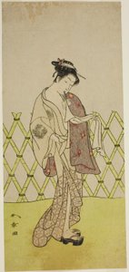 De acteur Nakamura Riko I als Hakata no Kojoro (?) in het stuk Shitenno-ji Nobori Kuyo, uitgevoerd in het Ichimura Theater in de achtste maand, 1773 door Katsukawa Shunsho