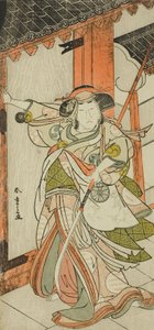 De acteur Nakamura Tomijuro I als Hangaku Gozen die de poort doorbreekt in het stuk Wada-gassen Onna Maizuru, uitgevoerd in het Nakamura Theater vanaf de vijfentwintigste dag van de zevende maand door Katsukawa Shunsho