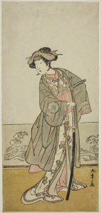 De acteur Nakamura Tomijuro I als Lady Hangaku (Hangaku Gozen) in het stuk Wada-gassen Onna Maizuru, uitgevoerd in het Nakamura Theater in de zevende maand, c.1777