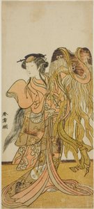 De acteur Nakamura Tomijuro I als de courtisane Toyama van Tsuruga in het stuk Keisei Tsuki no Miyako, uitgevoerd in het Morita Theater in de achtste maand, 1775