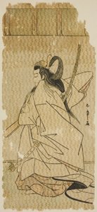 De acteur Onoe Matsusuke I als prins Takanori in het stuk "Kaeribana Eiyu Taiheiki," uitgevoerd in het Nakamura Theater in de elfde maand, 1779 door Katsukawa Shunsho
