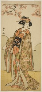 De acteur Osagawa Tsuneyo II als Onoe no Mae in het stuk Date Nishiki Tsui no Yumitori, uitgevoerd in het Morita Theater in de elfde maand, 1778 door Katsukawa Shunsho
