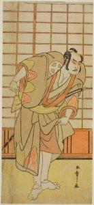 De acteur Otani Hiroji III als Hata no Daizen Taketora vermomd als Shikishima Wakahei in het toneelstuk Juni-hitoe Komachi-zakura, opgevoerd in het Kiri Theater in de Elfde Maand, 1784