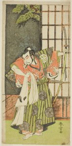 De acteur Otani Hiroji III als Kawazu no Saburo in het stuk Myoto-giku Izu no Kisewata, uitgevoerd in het Ichimura Theater in de elfde maand, 1770