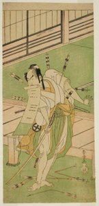 De acteur Otani Hiroji III als een witte vos vermomd als Ukishima Daihachi in het stuk Shinasadame Soma no Mombi, uitgevoerd in het Ichimura Theater in de zevende maand, 1770 door Katsukawa Shunsho