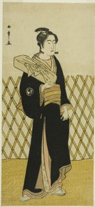 De acteur Sawamura Sojuro III als de kapper Jirokichi in het stuk Shida Choja-bashira, uitgevoerd in het Nakamura Theater in de achtste maand, 1781