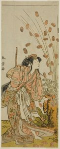 De acteur Segawa Kikunojo III als Hito-maru vermomd als de courtisane Chiyozaki, in het stuk Kuruwa no Hana Katsuragi no Kane, uitgevoerd in het Ichimura Theater in de derde maand, 1775