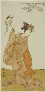De acteur Segawa Yujiro I als Matsukaze, zus van Togashi no Saemon, in het stuk Gohiiki Kanjincho (Uw favoriete stuk Kanjincho [De abonneelijst]), uitgevoerd in het Nakamura Theater vanaf de eerste dag van de elfde maand, 1773