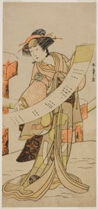 De acteur Yamashita Kinsaku II als Naoe in het stuk Tsuma Mukae Koshiji no Fumizuki, uitgevoerd in het Nakamura Theater in de achtste maand, 1780 door Katsukawa Shunsho