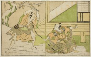 De acteurs Arashi Sangoro II als Hojo Tokiyori (rechts), en Otani Hiroji III als Koga Saburo (links), in het stuk Kono Hana Yotsugi no Hachi no Ki, uitgevoerd in het Ichimura Theater in de elfde maand, 1771 door Katsukawa Shunsho