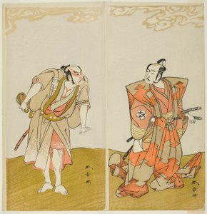 De acteurs Bando Mitsugoro I als Hata no Kawakatsu (rechts), en Otani Hiroemon III als de bediende (Yakko) Gansuke (links), in het stuk Miya-bashira Iwao no Butai (Heiligdompilaren op een stenen basis), uitgevoerd in het Morita Theater vanaf de vijftiende 